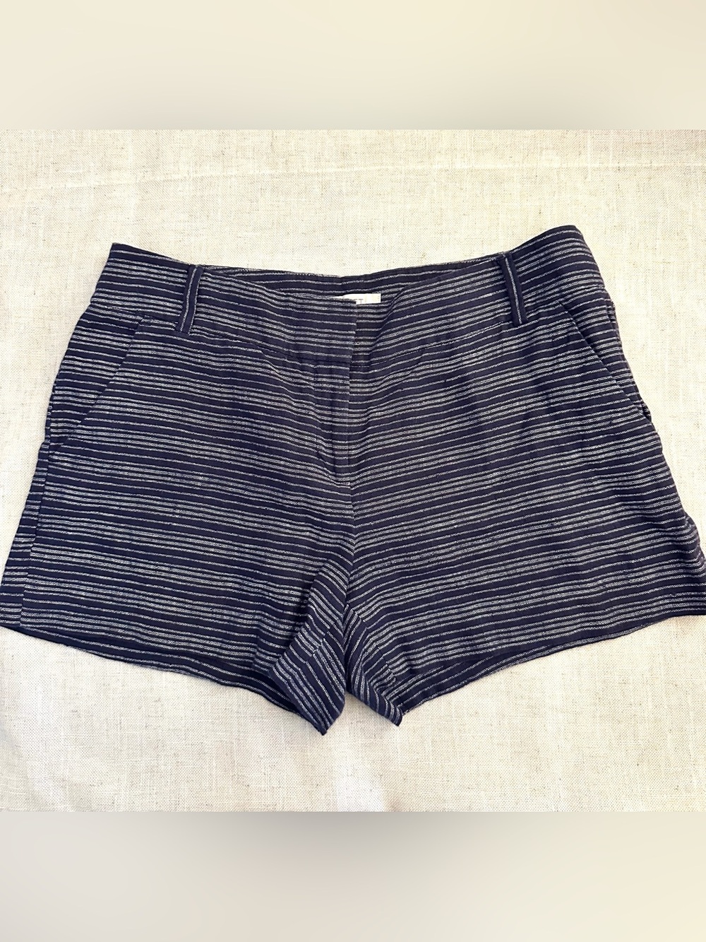 LOFT Navy and White Striped 100% Linen Shorts Size 6